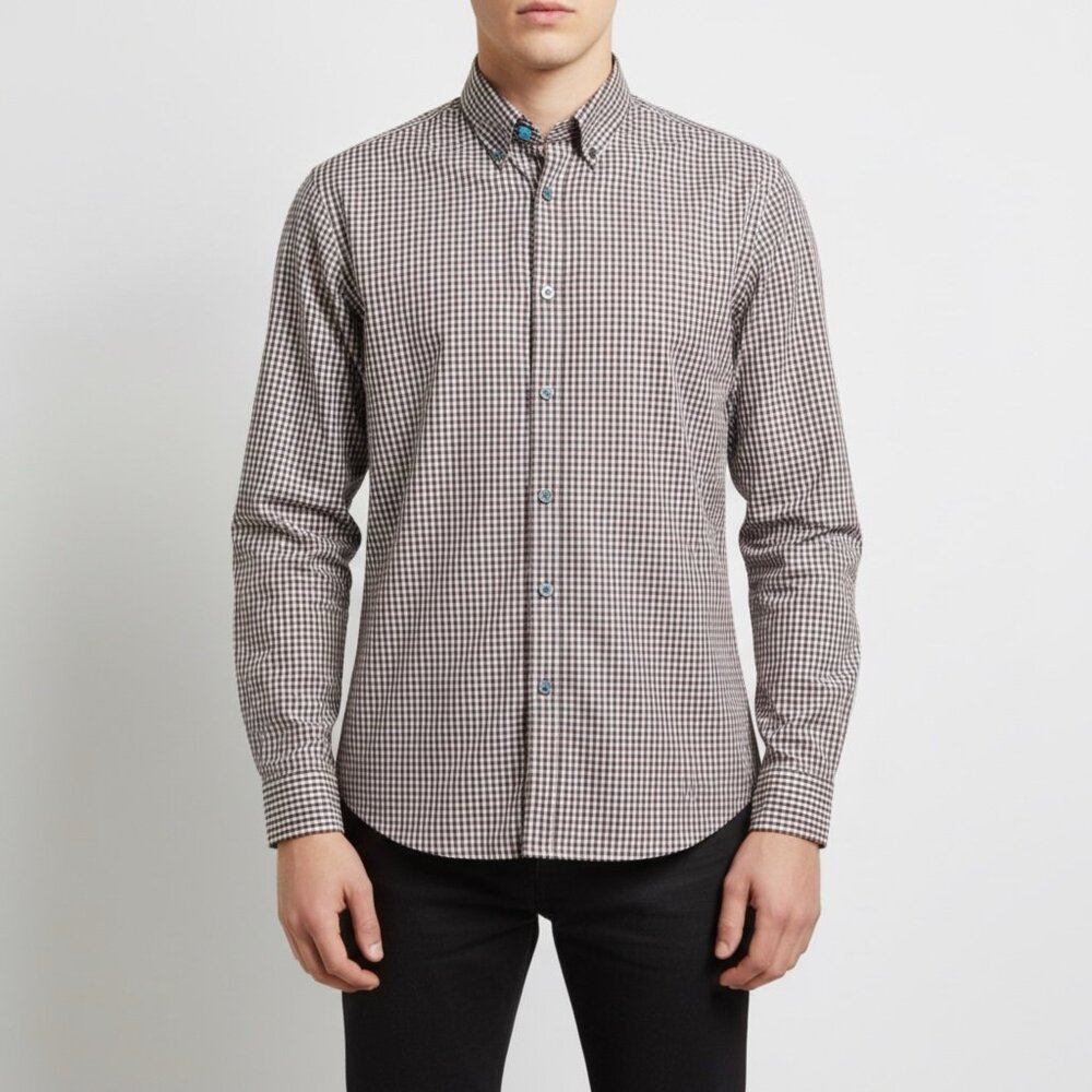 Tom Taylor Men's Fitted Button Down Shirt Gingham Pattern